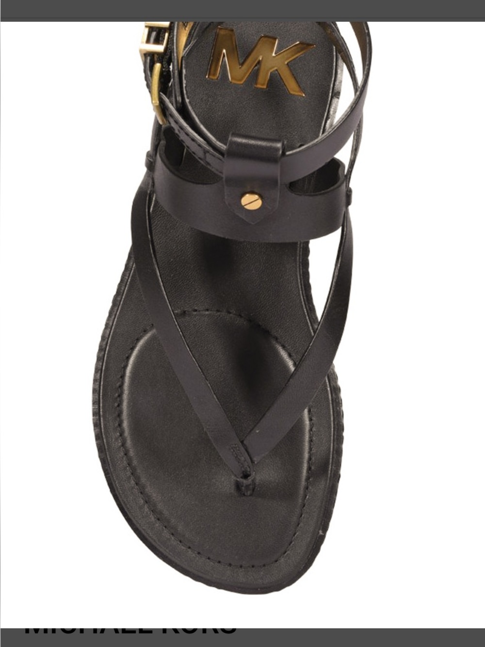 Michael Kors Black Leather Ankle-Strap Thong Sandals with Gold Accents